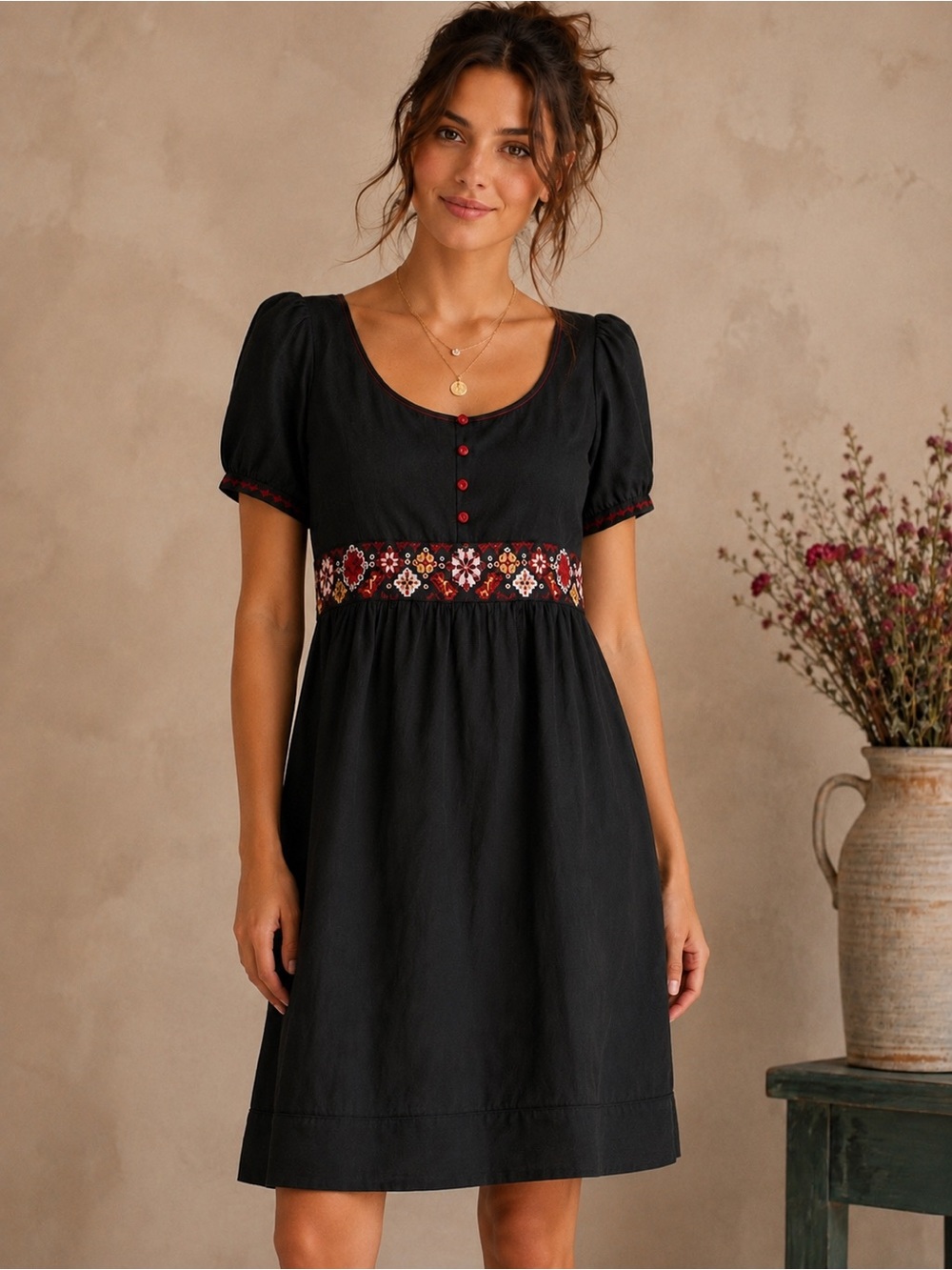 ANTHROPOLOGIE BLACK SILK GOTH EMPIRE WAIST EMBROIDERED DRESS SIZE LARGE NWT